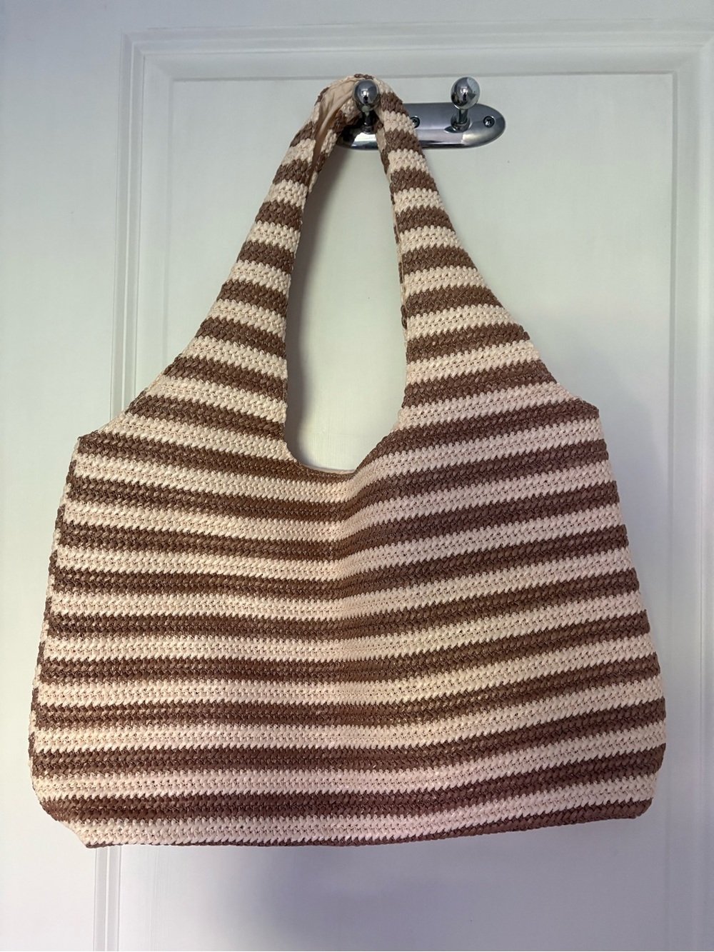 Beach Riot Striped Crochet Tote in Brown and Cream